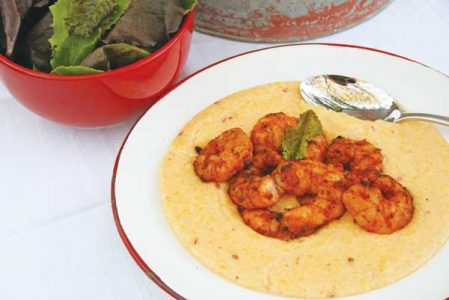 Sweet Corn and Cheese Grits Recipe With Grilled Shrimp Image